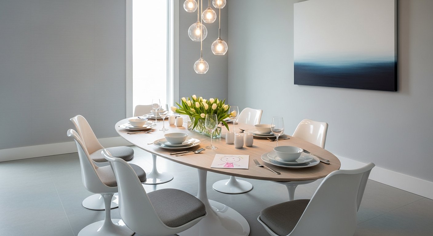 Cadeira tulipa com mesa oval em ambiente familiar