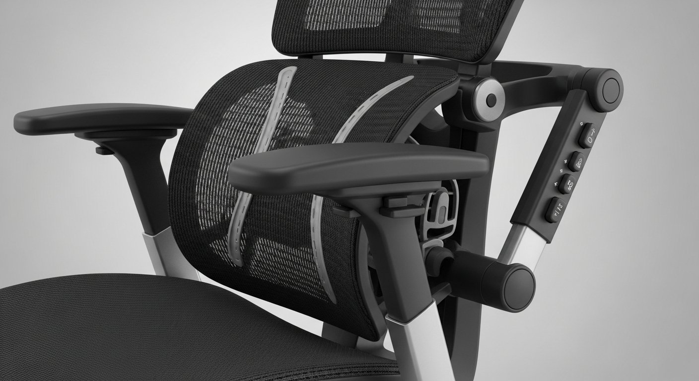 Detalhes ergonômicos de cadeira executiva com apoio lombar e braços ajustáveis