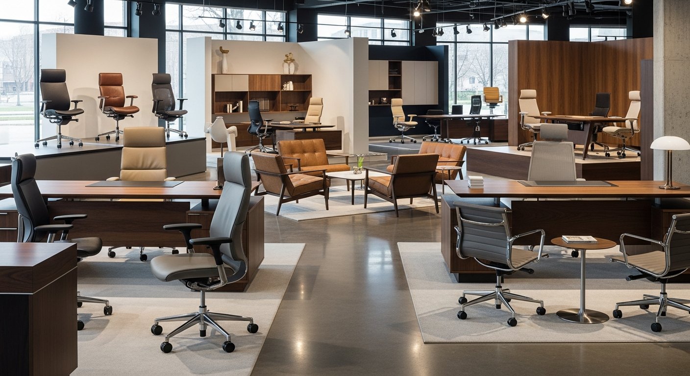 Showroom de móveis executivos com diferentes modelos de cadeiras premium