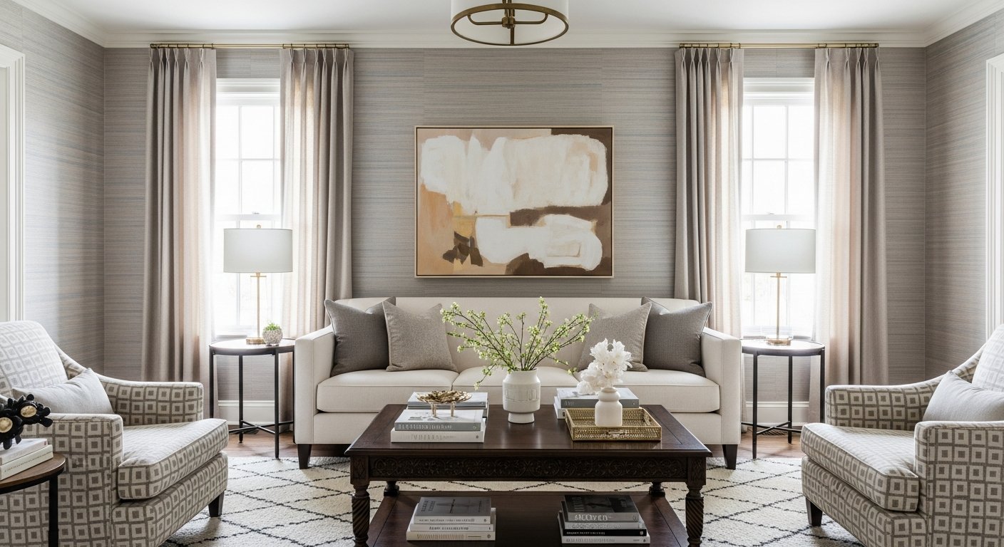 Sala elegante com parede revestida de tecido em tons neutros