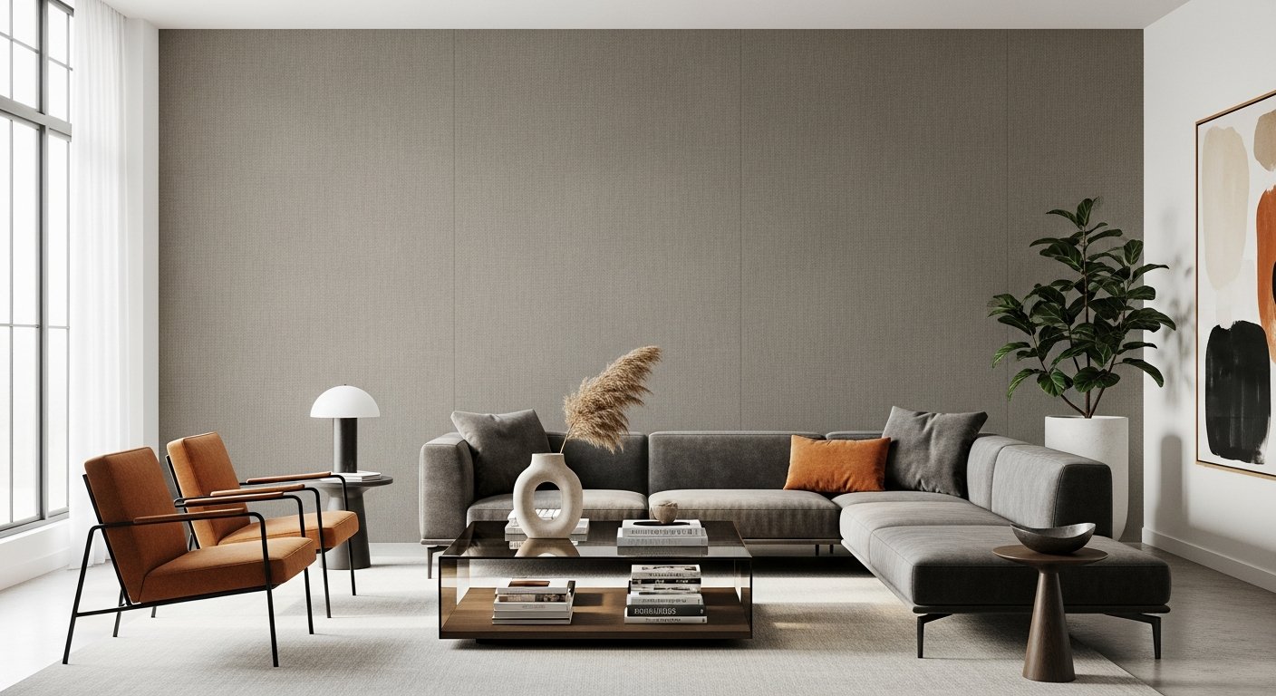 Sala moderna com parede de tecido e móveis de design