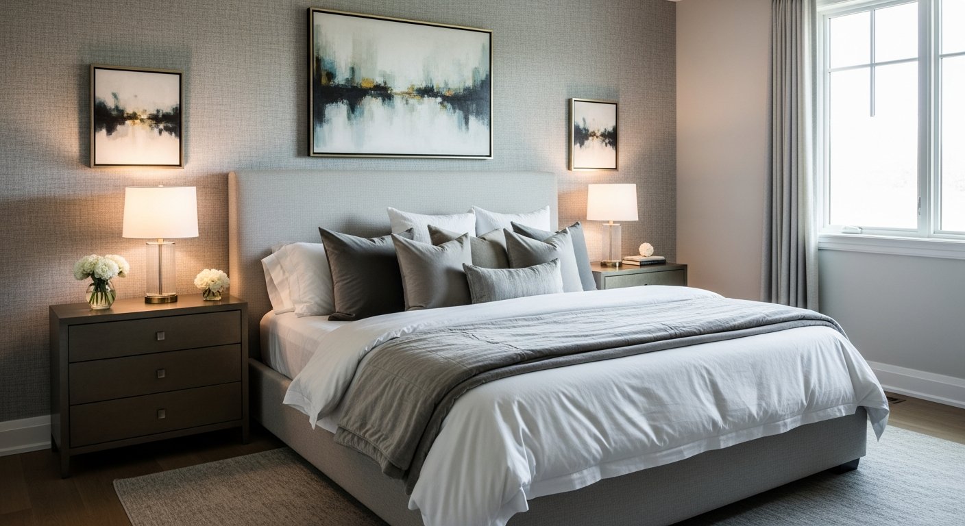 Quarto com parede de tecido atrás da cama criando destaque elegante