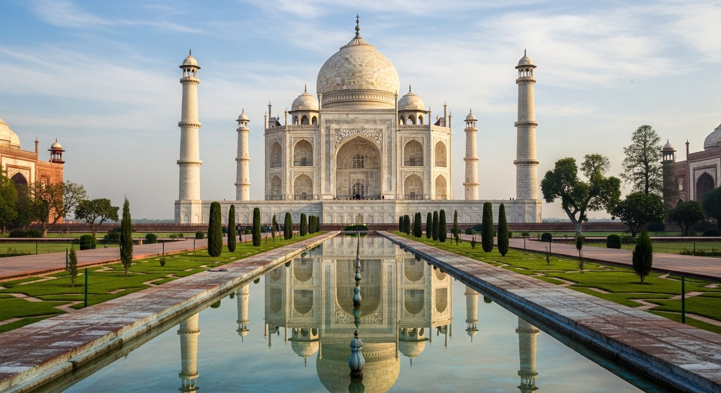 Taj Mahal em mármore branco representando a arquitetura mogol na Índia