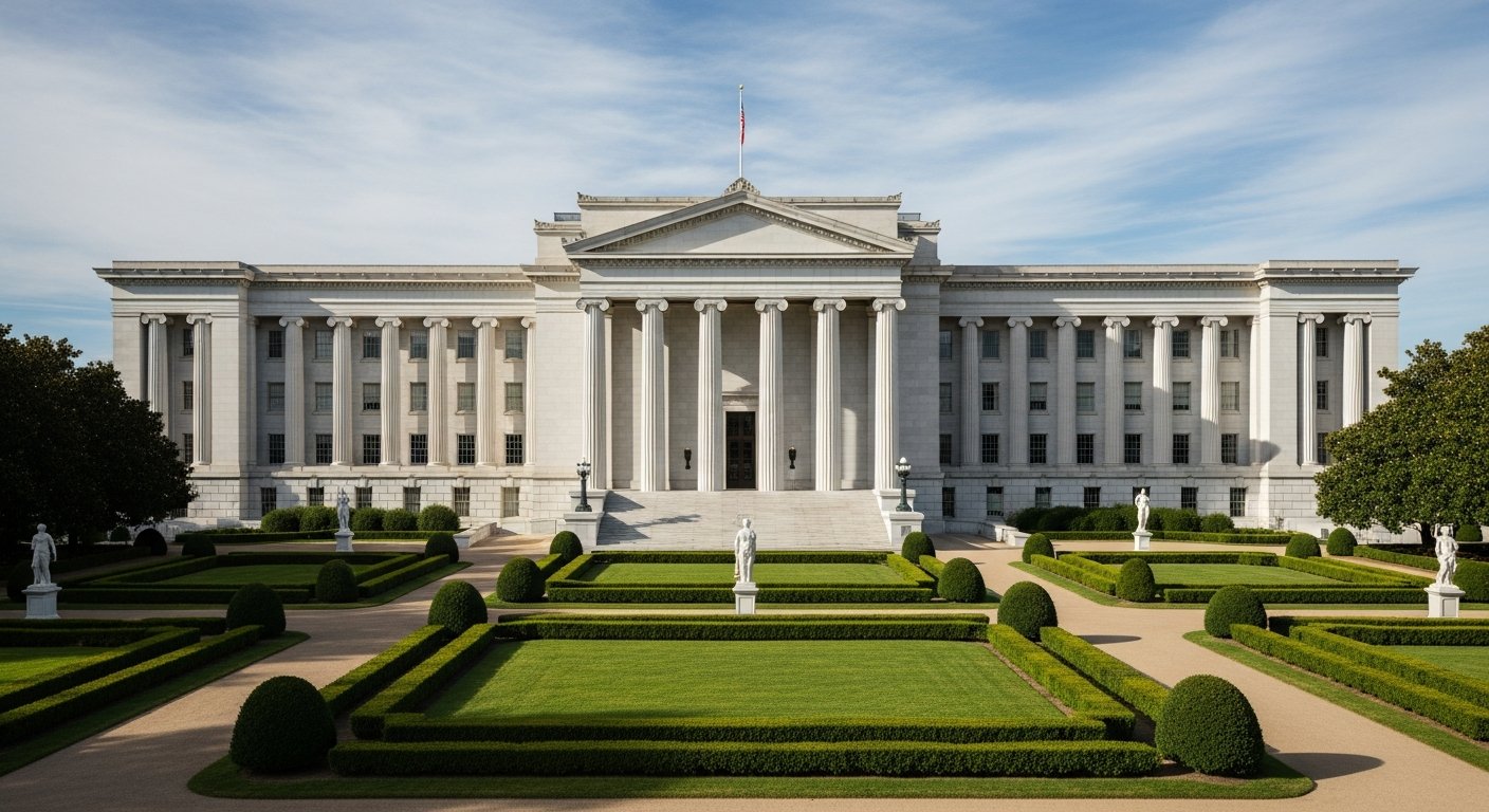 Edifício neoclássico branco representando a arquitetura oficial