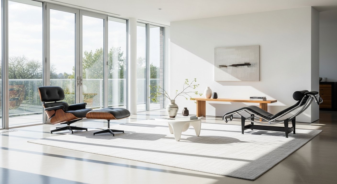 Interior moderno minimalista com móveis de design icônicos