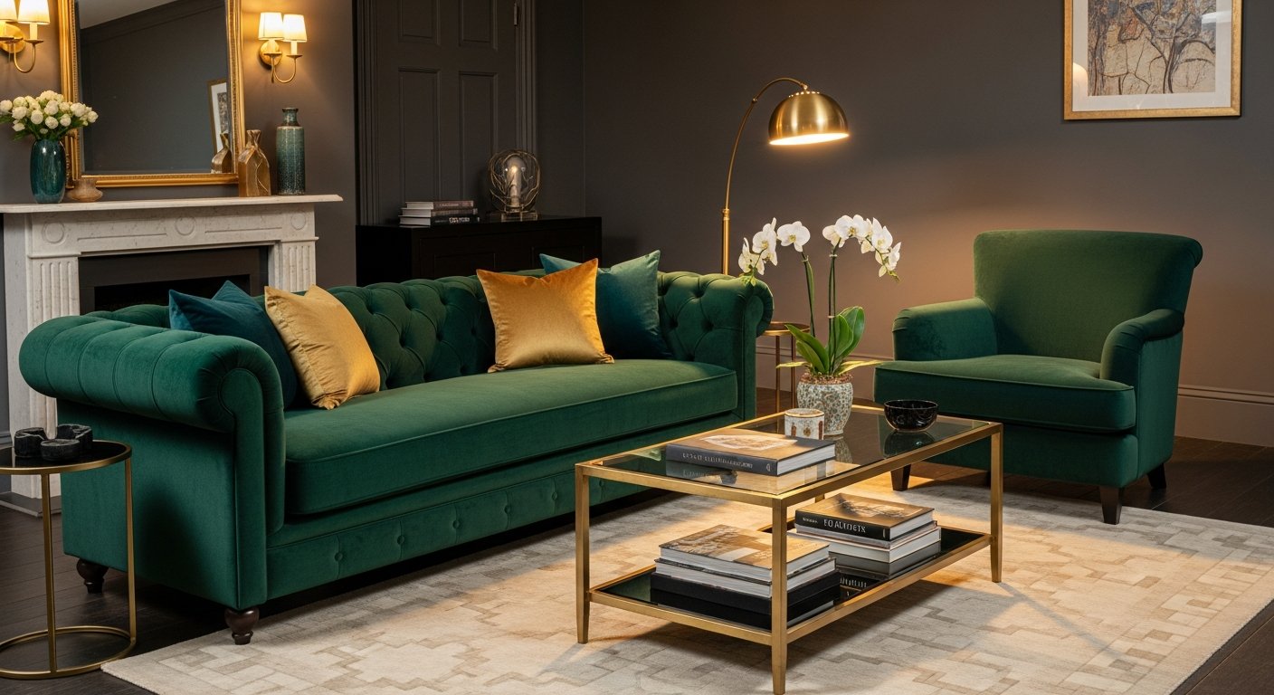 Sofá de veludo verde esmeralda em sala elegante