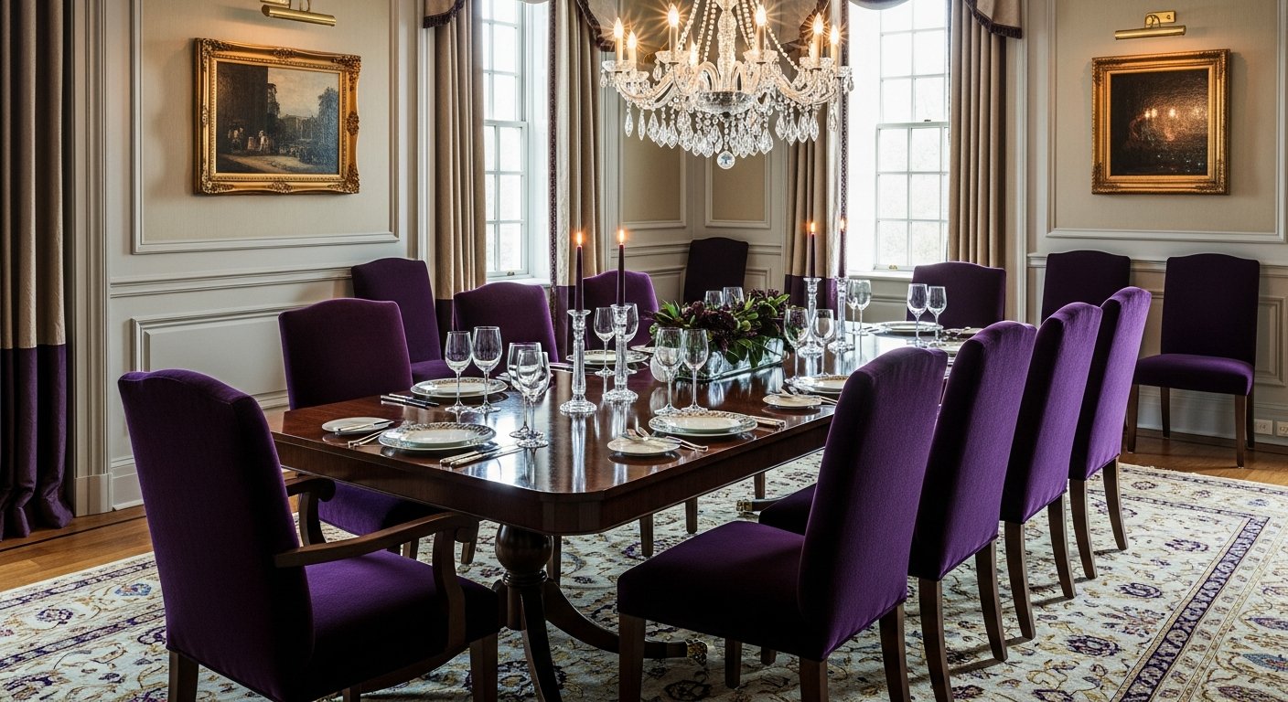 Cadeiras de veludo roxo em sala de jantar elegante