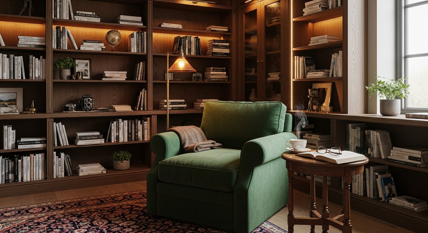 Biblioteca residencial com poltrona de veludo verde-floresta