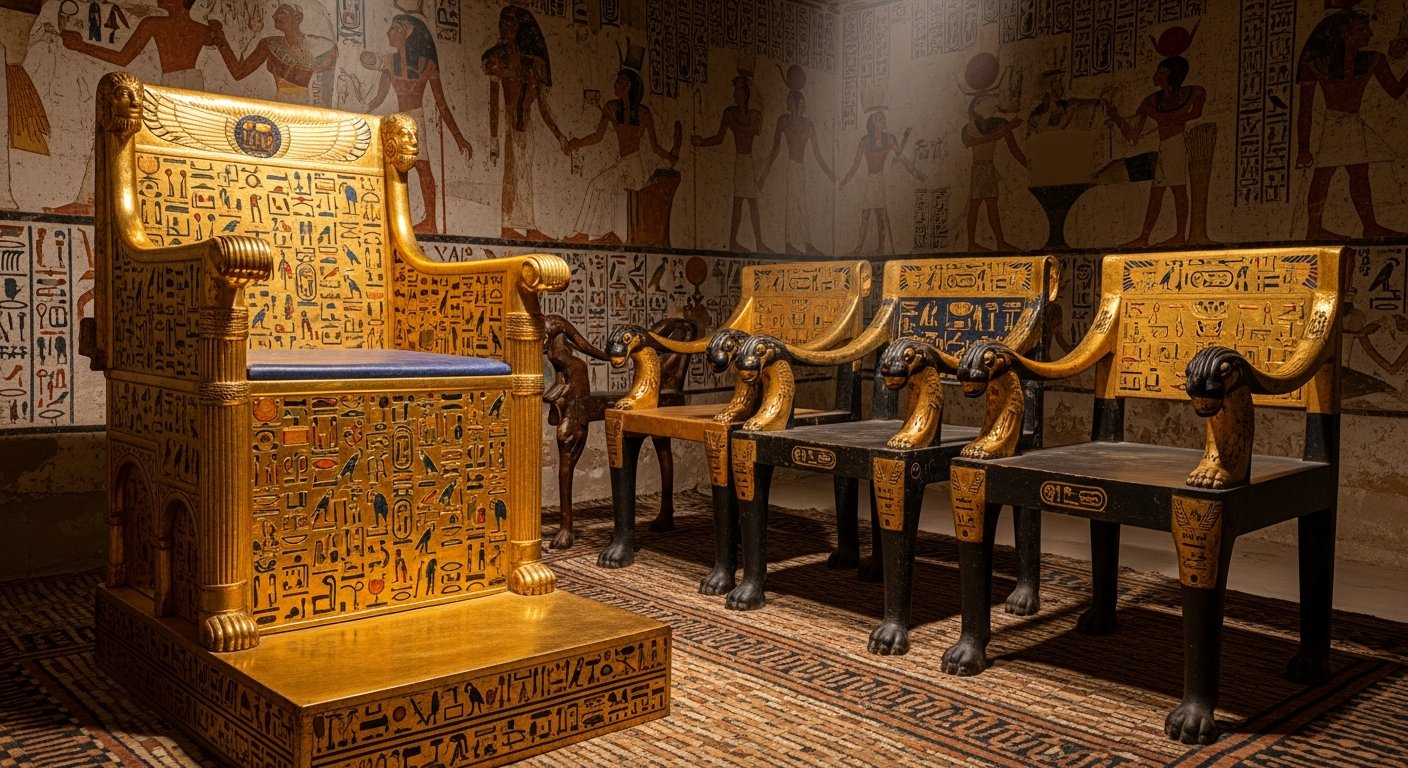 Móveis egípcios antigos com decoração em ouro
