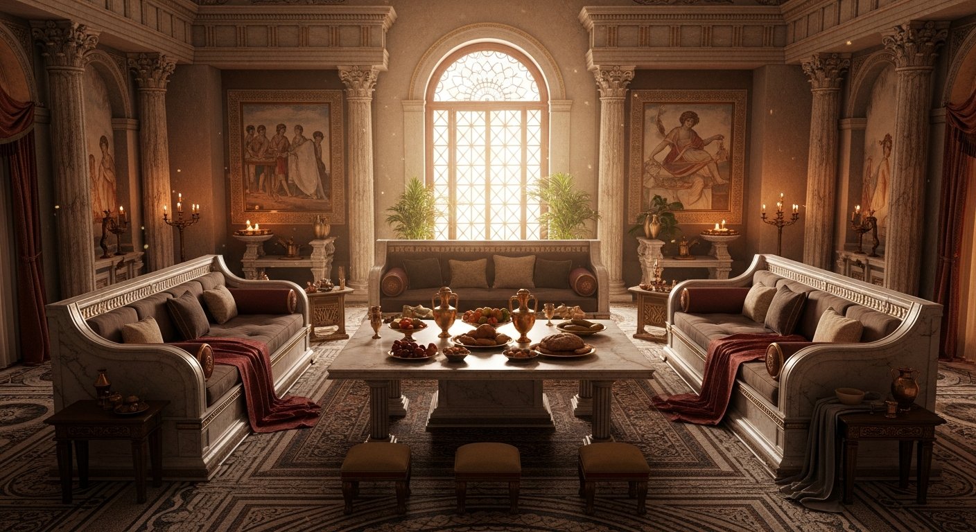 Móveis romanos com detalhes em bronze e mármore