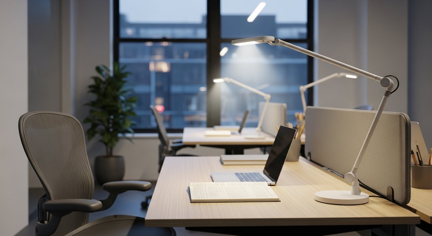 Luminária Ora em escritório moderno demonstrando flexibilidade de posicionamento