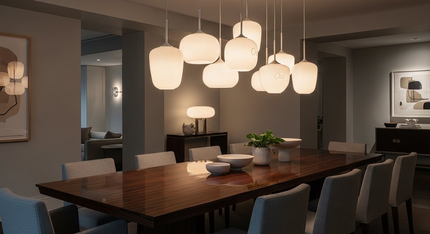 Múltiplas luminárias Ora organizadas em sala de jantar contemporânea