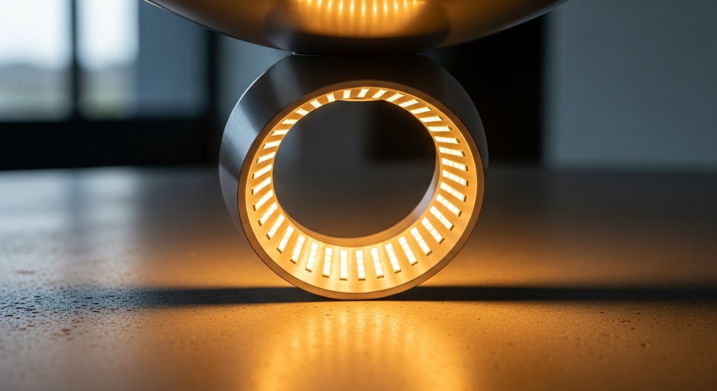 Detalhe da emissão de luz quente da luminária Ora com anel interno iluminado