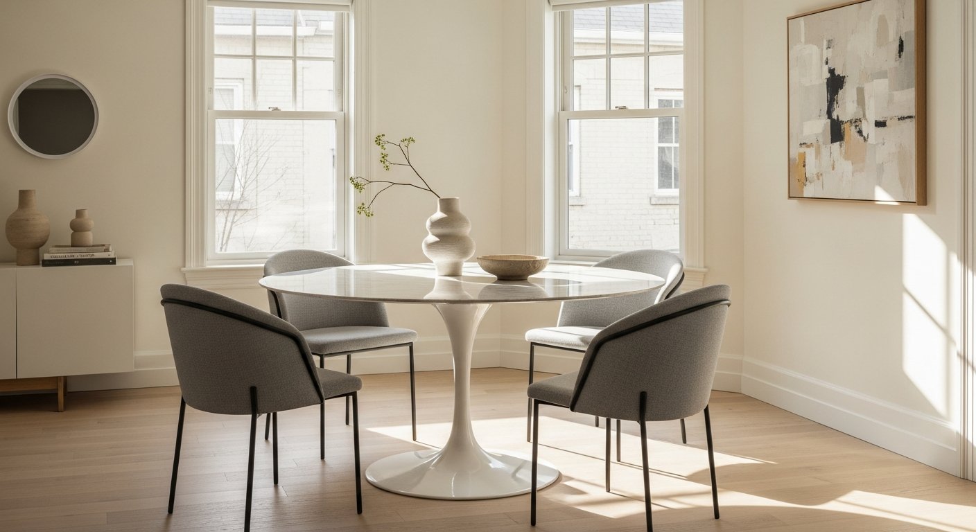 Mesa redonda com base tipo tulipa e 4 cadeiras modernas