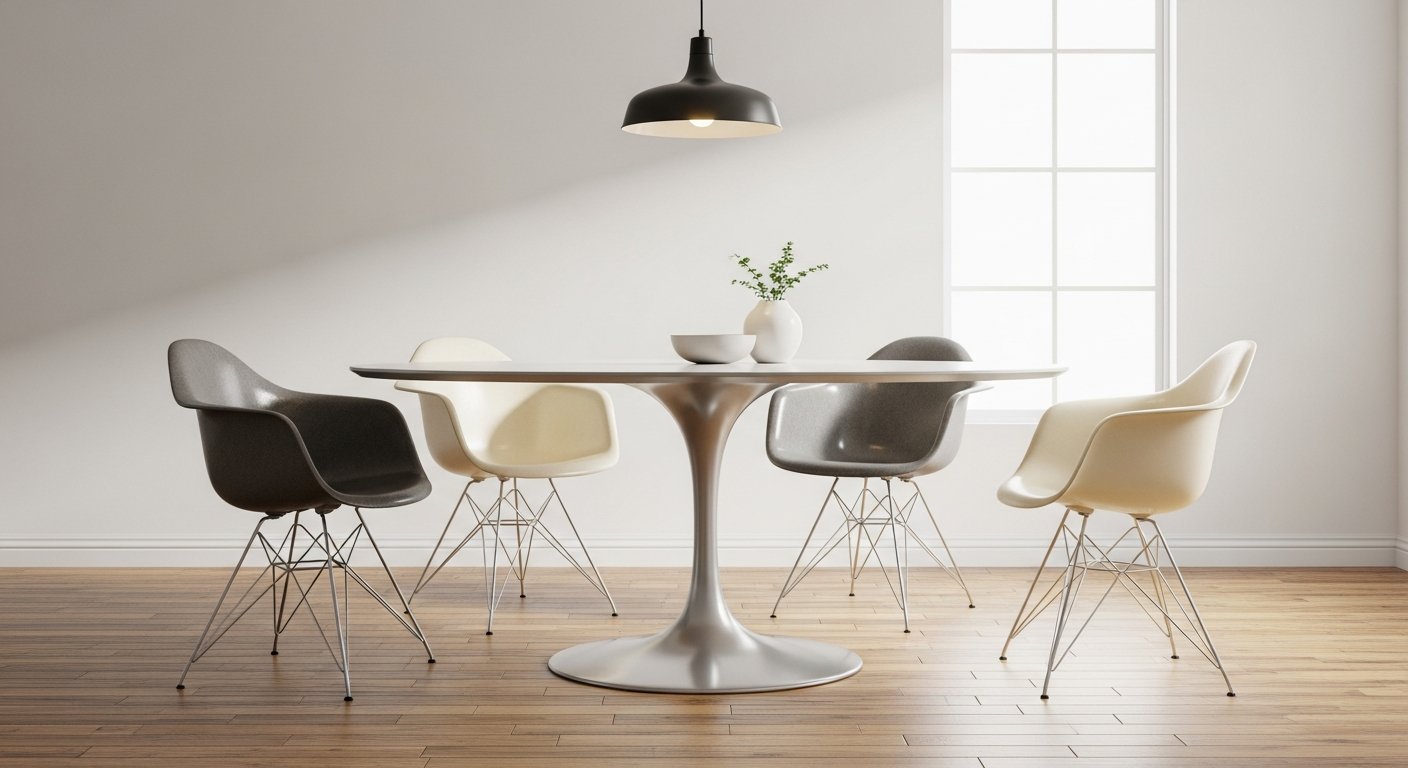 Mesa estilo Saarinen com 4 cadeiras Eames ao redor em ambiente mid-century