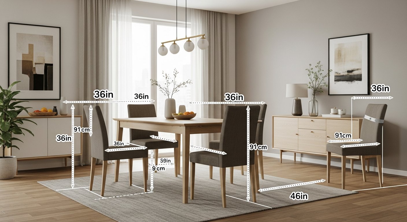 Sala de jantar com espaçamento adequado ao redor de mesa para 4 pessoas