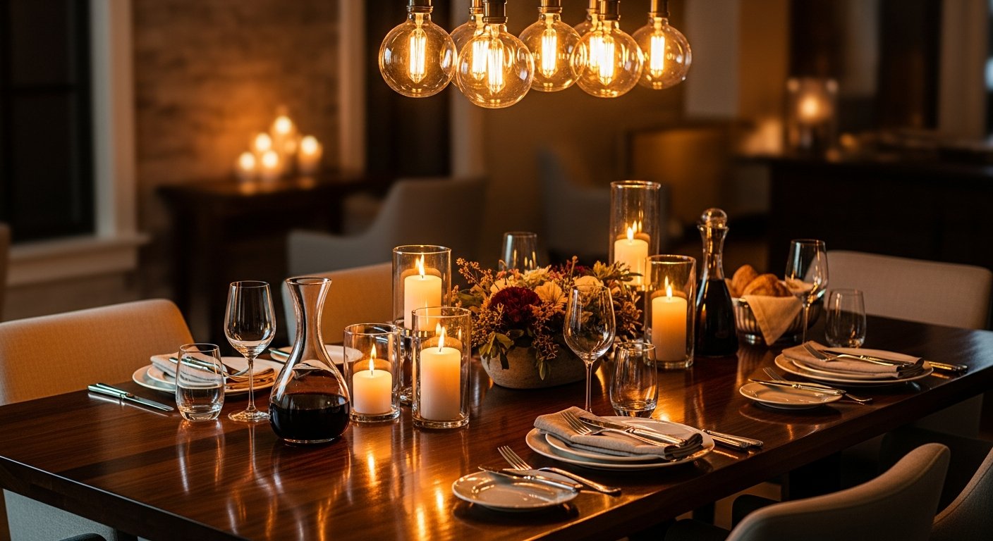 Mesa de jantar com iluminação pendente, ambiente acolhedor para jantar