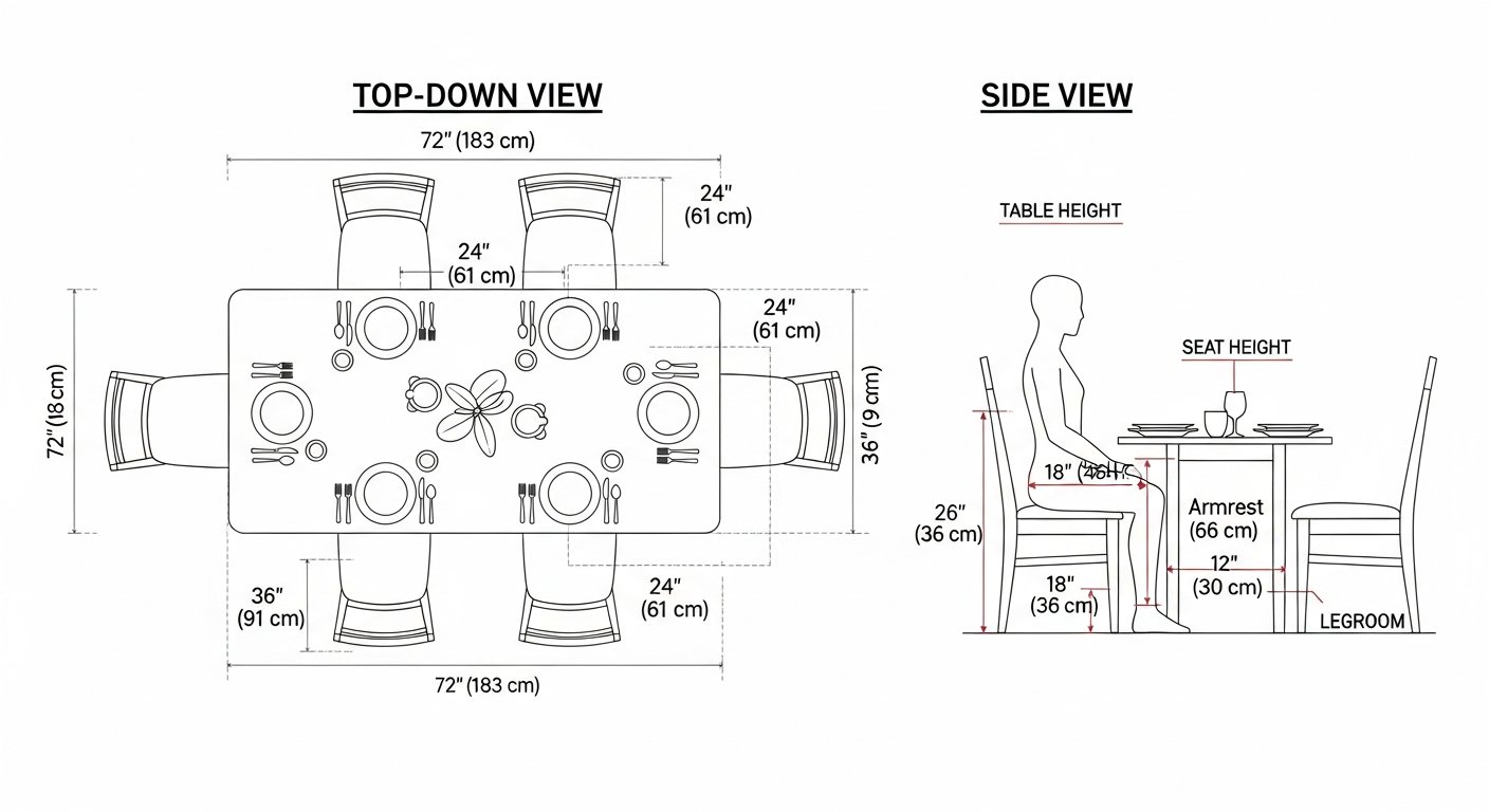 Dimensões técnicas para mesa de jantar 6 lugares