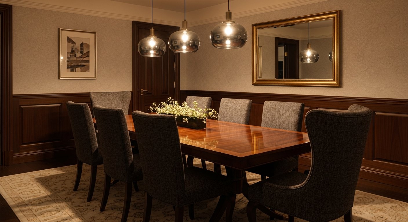 Iluminação pendente sobre mesa de jantar para 6 pessoas