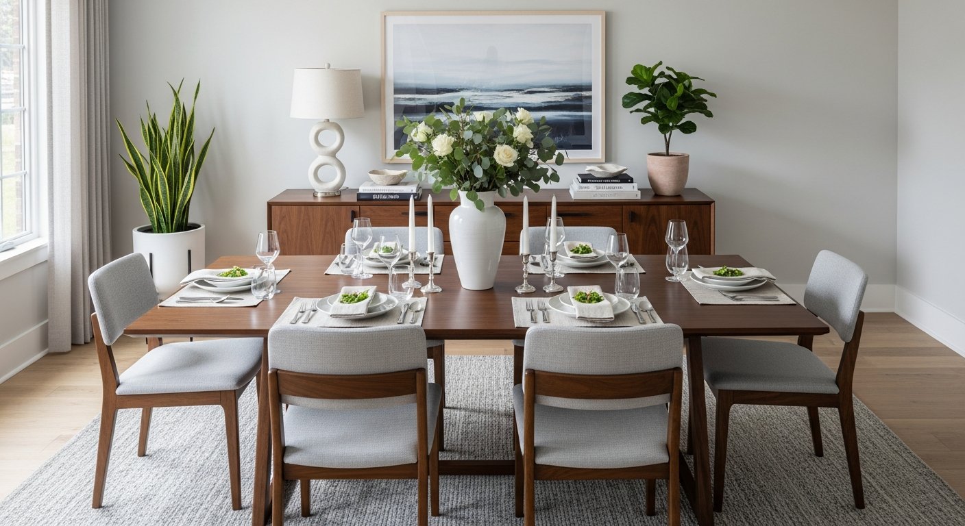 Sala de jantar completa com móveis complementares