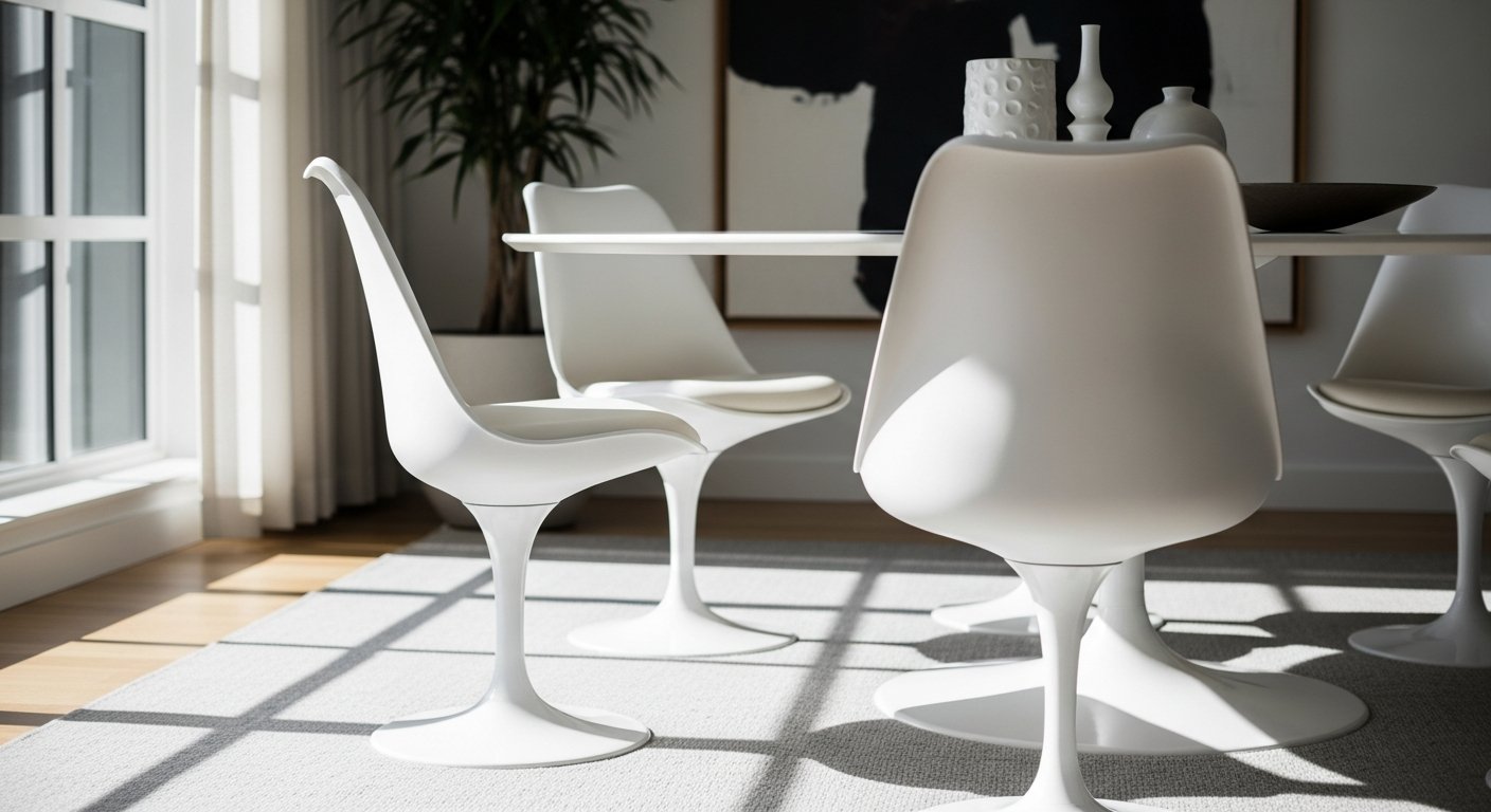 Cadeiras Saarinen ao redor de mesa de jantar moderna