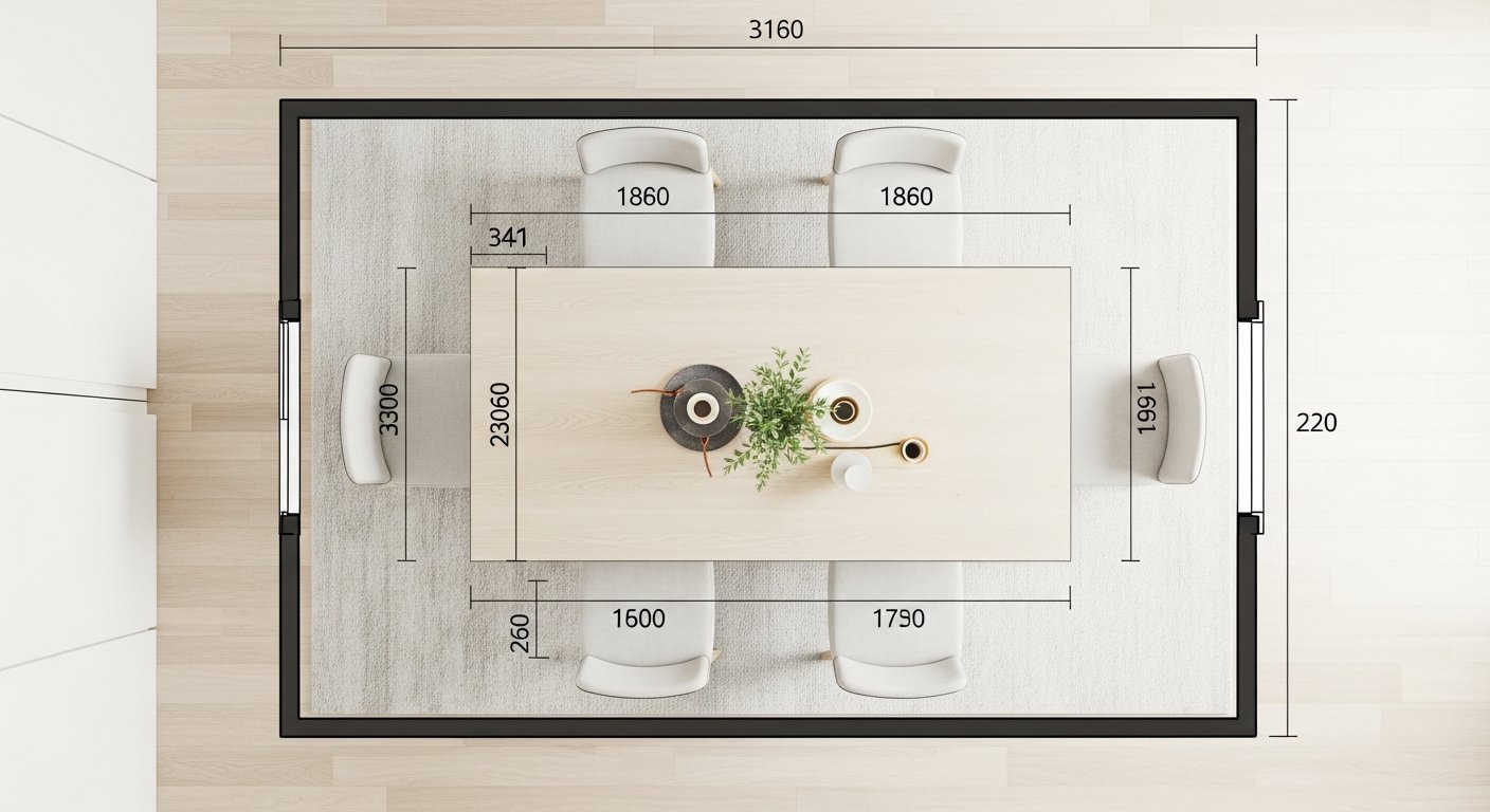 Vista superior mostrando dimensões ideais para mesa de jantar