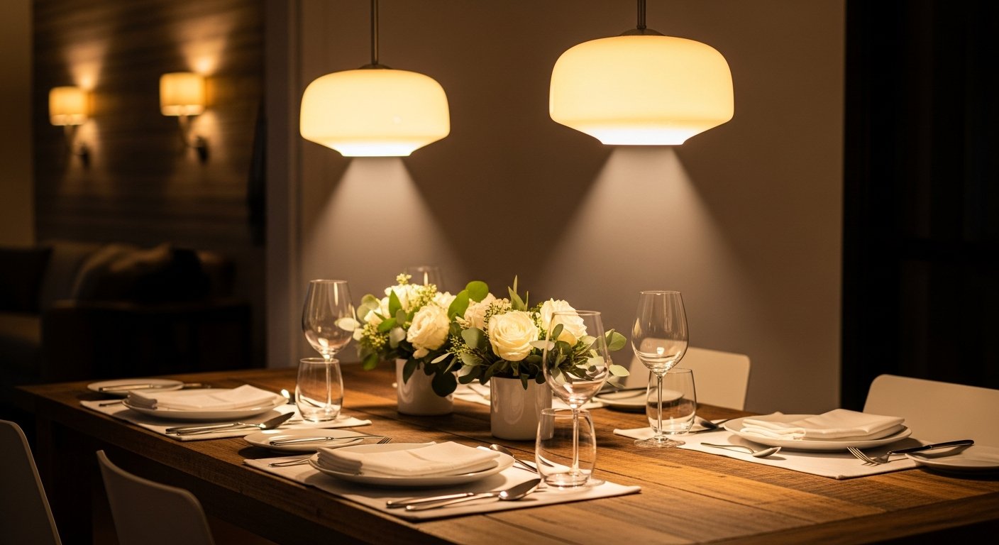 Iluminação pendente sobre mesa de jantar para quatro pessoas