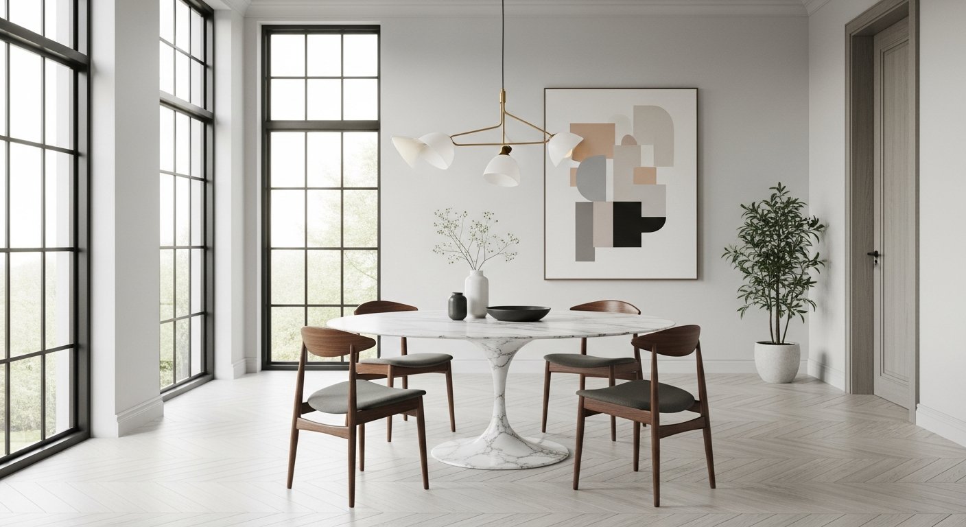 Sala de jantar contemporânea com mesa redonda