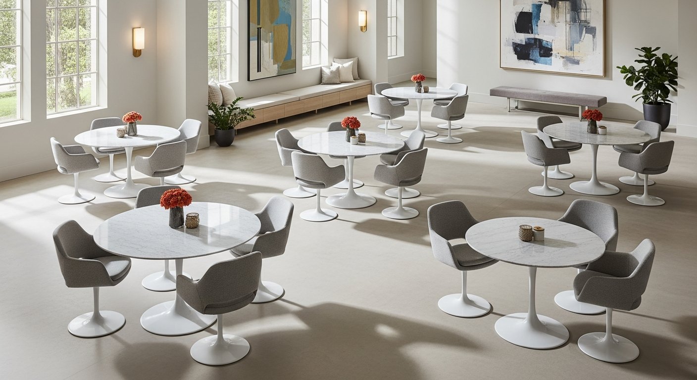 Diferentes tamanhos de mesa saarinen redonda em ambiente amplo