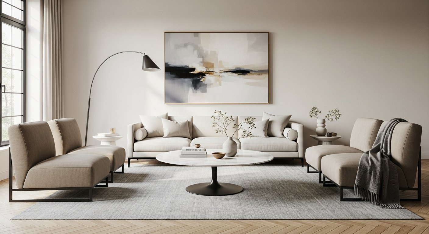 Mesa saarinen de centro redonda em sala de estar moderna