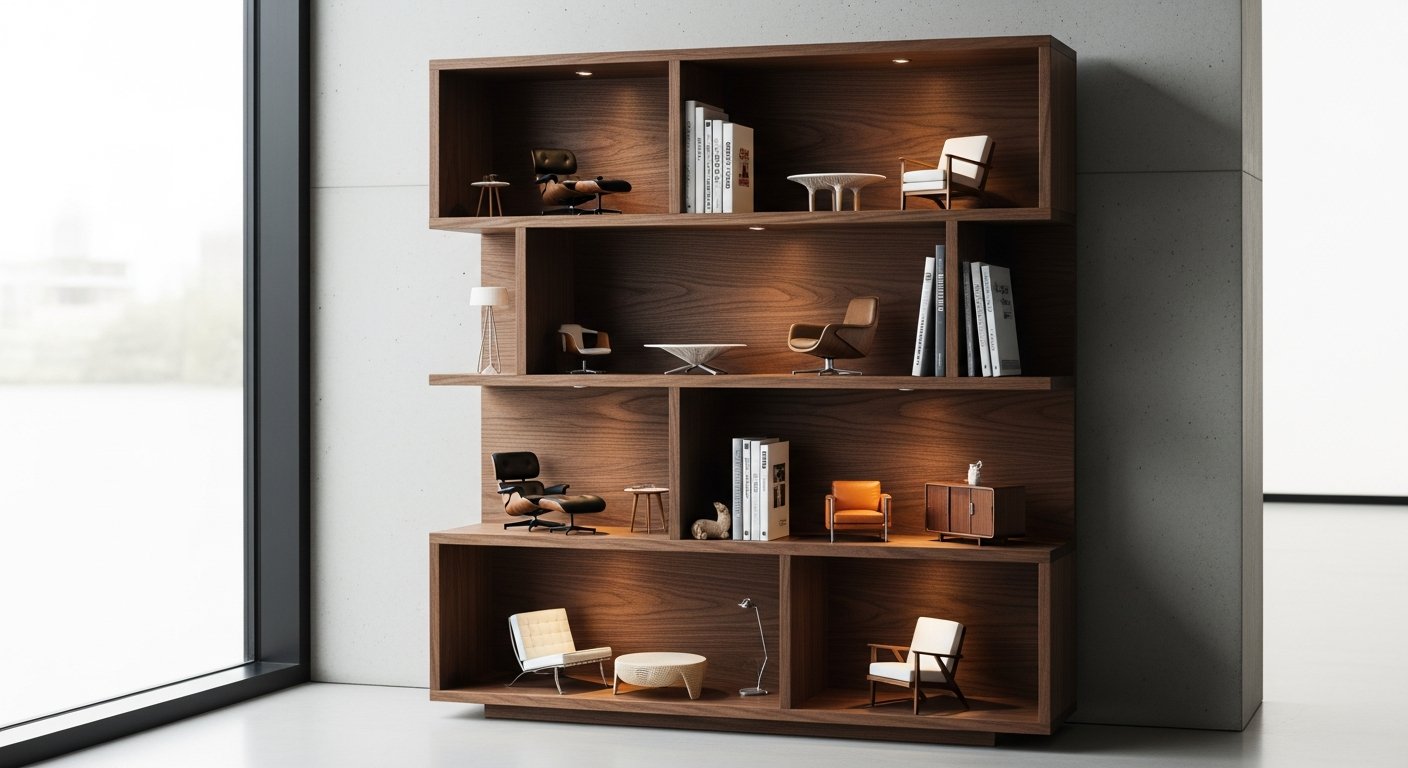 Estante moderna com miniaturas de móveis organizadas