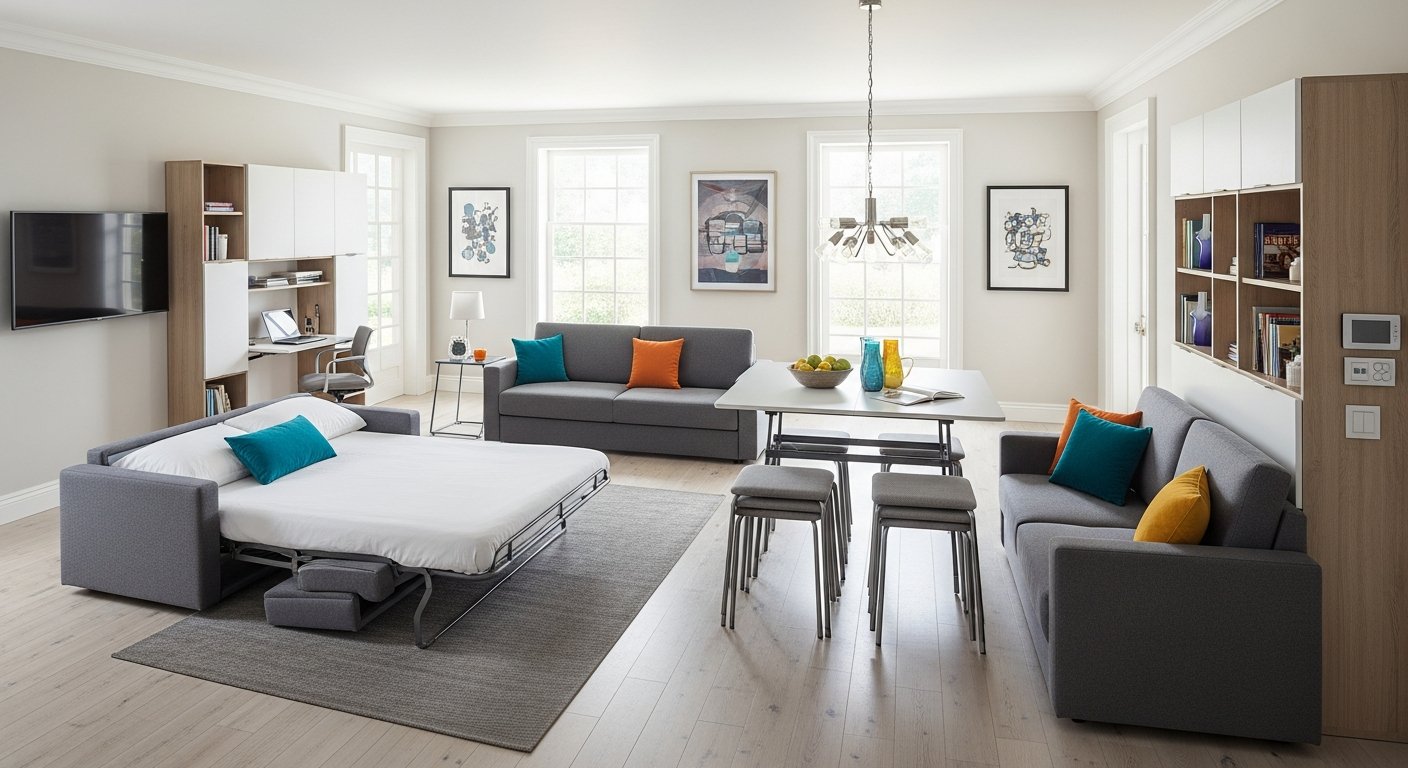 Sala de estar com poltrona cama integrada ao layout