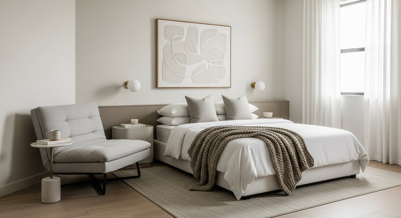 Quarto moderno com poltrona cama em tons neutros