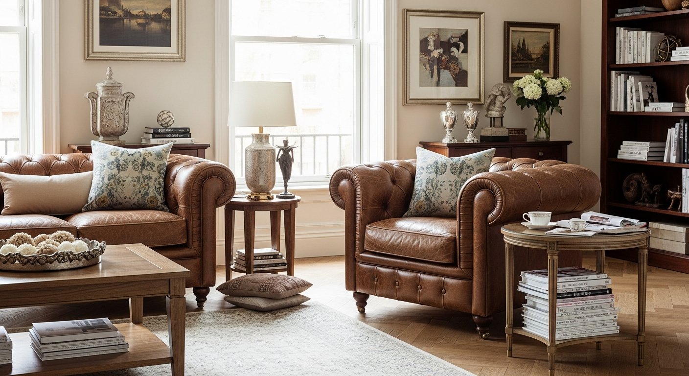 Poltrona chesterfield clássica em couro marrom em sala elegante