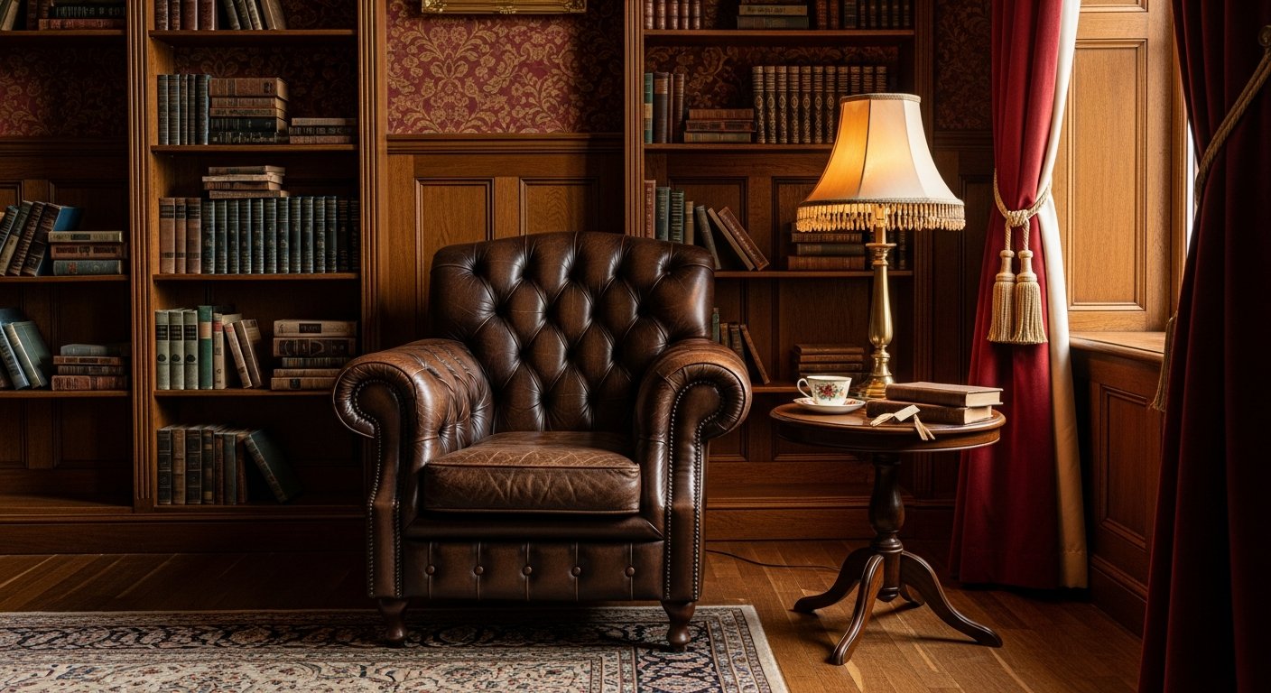 Poltrona chesterfield em ambiente vitoriano clássico