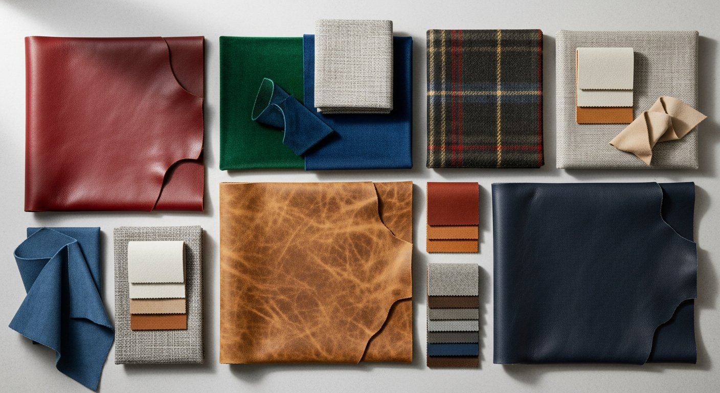 Amostras de materiais para poltrona chesterfield
