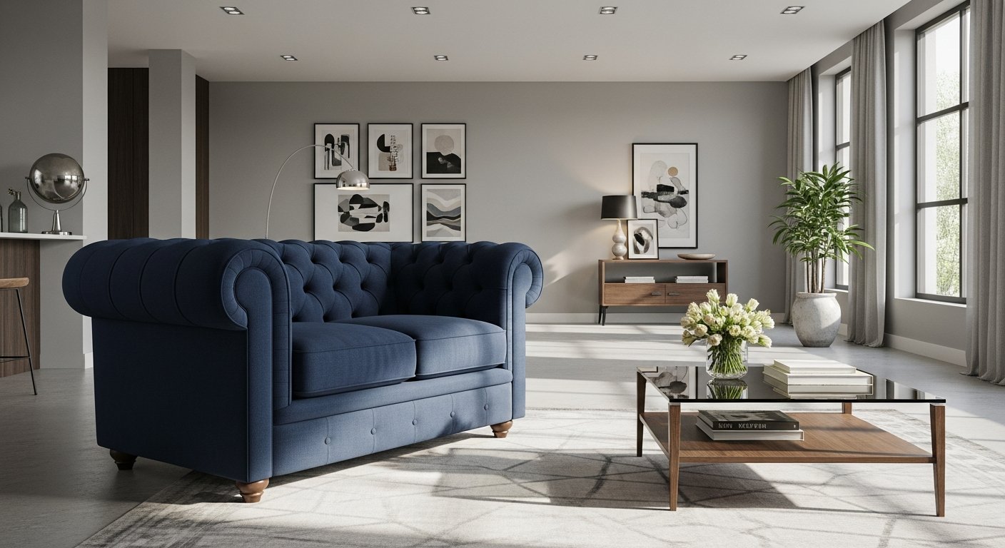 Poltrona chesterfield em tecido azul marinho em ambiente moderno