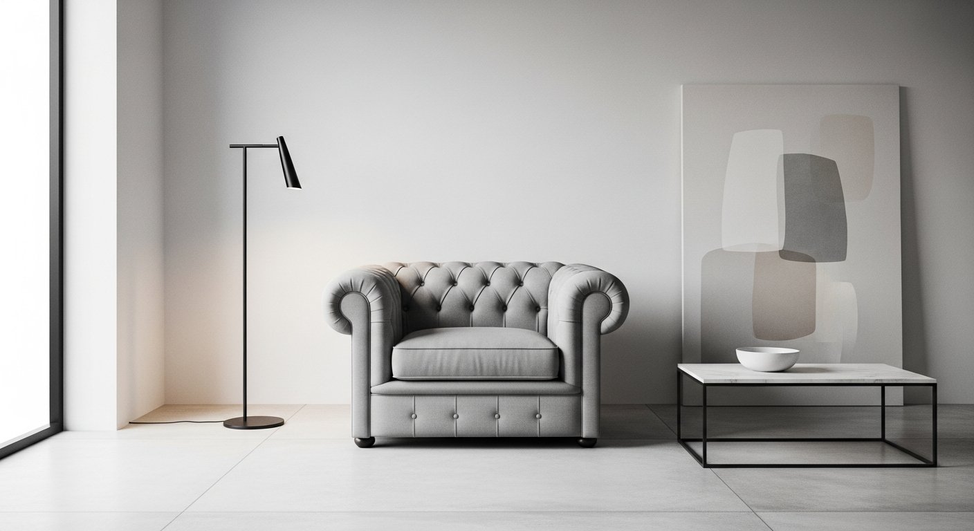 Poltrona chesterfield em ambiente contemporâneo minimalista