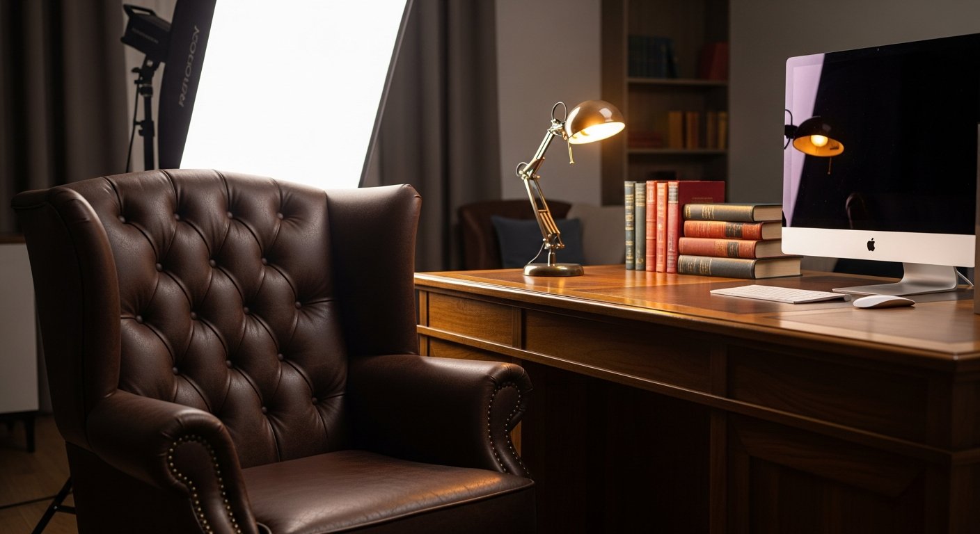 Escritório doméstico com poltrona chesterfield