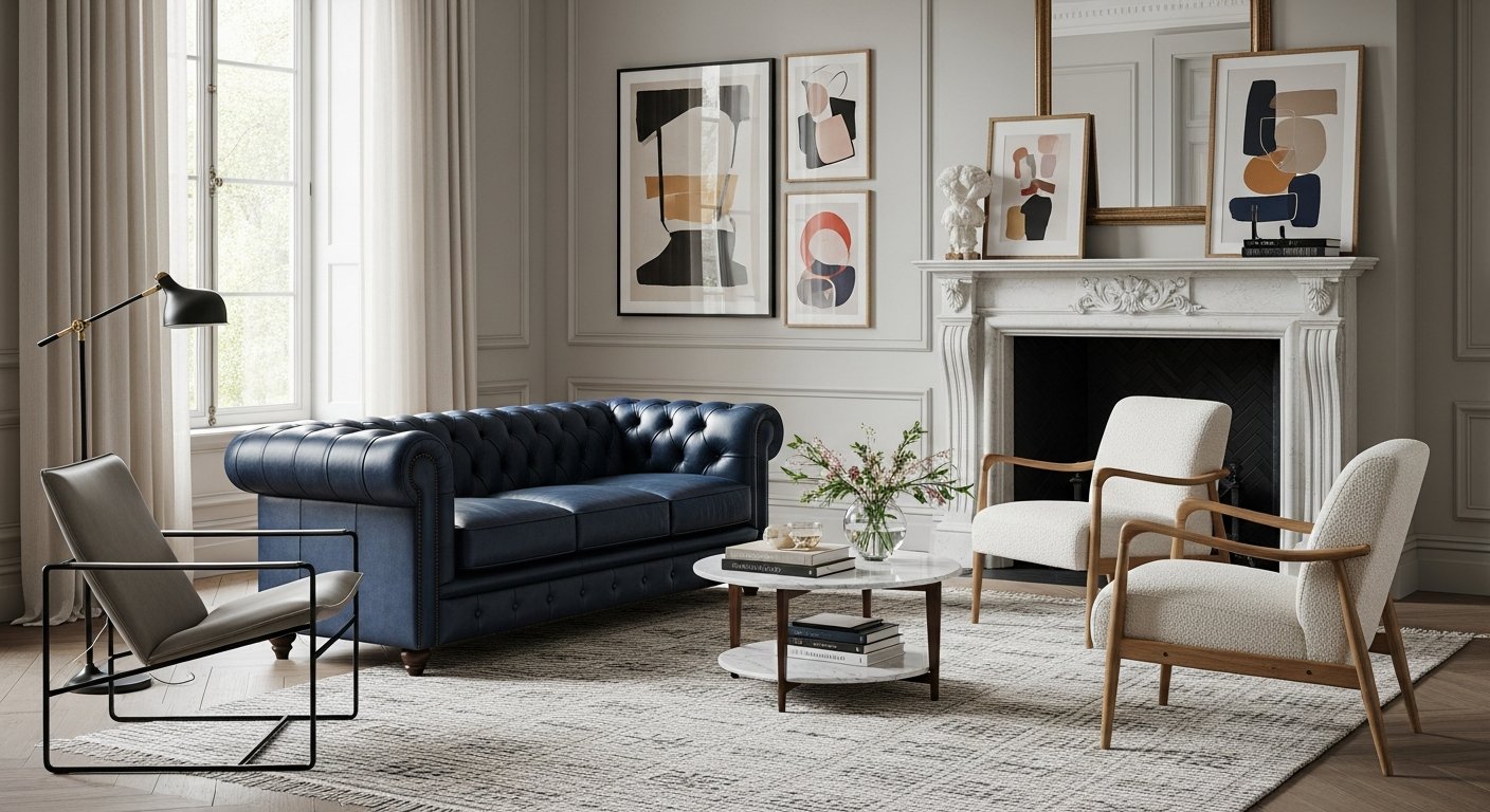 Composição elegante com poltrona chesterfield e outras peças de design