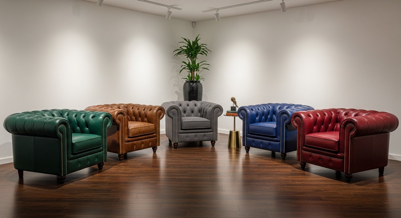 Exposição de poltronas chesterfield em diferentes acabamentos