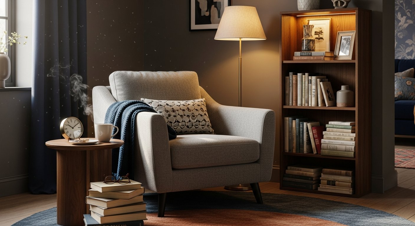 Cantinho de leitura com poltrona confortável posicionada