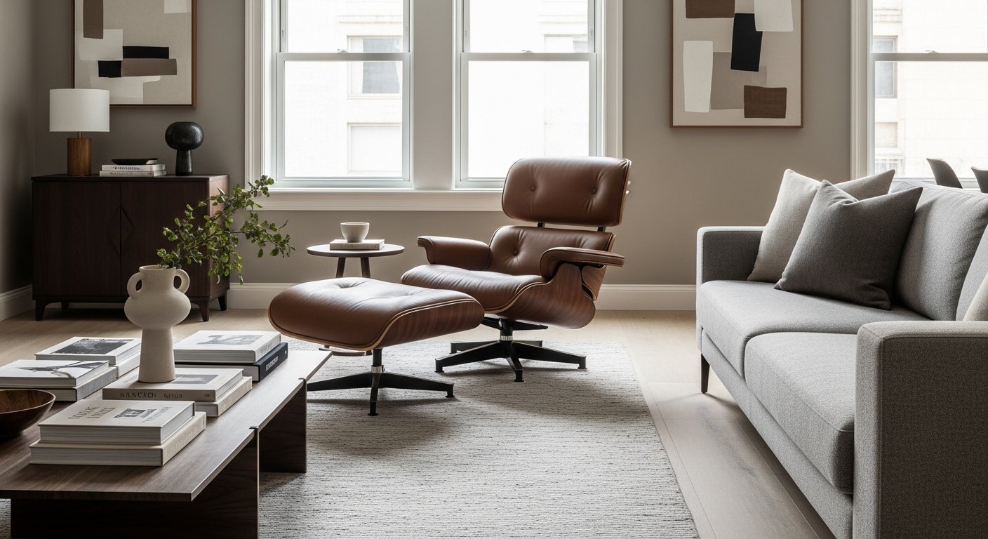 Sala moderna com poltrona decorativa de design clássico em ambiente sofisticado