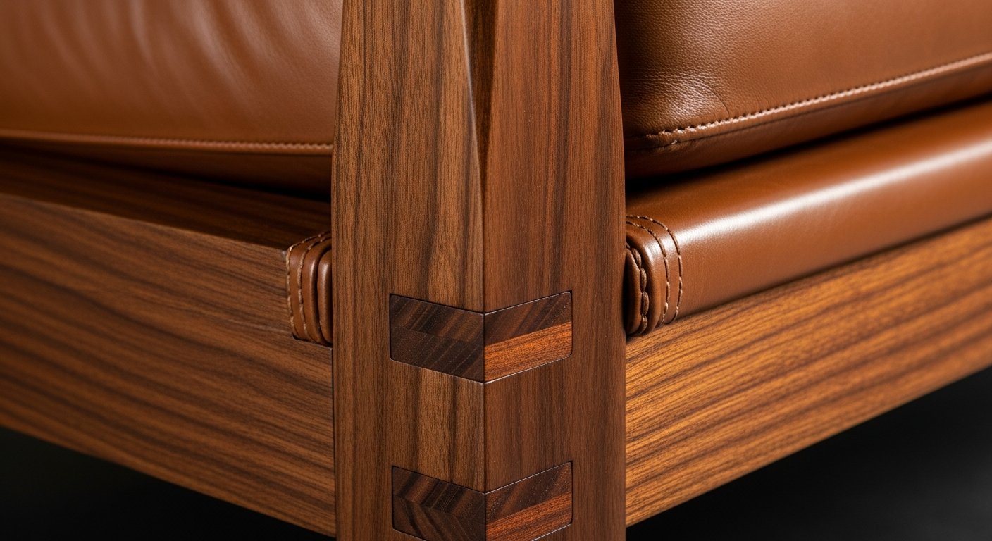 Detalhe da construção artesanal de poltrona decorativa com couro premium