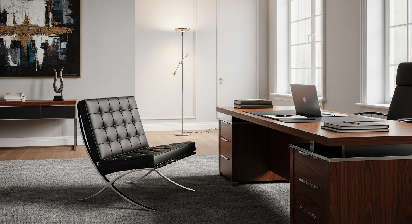 Poltrona Barcelona decorativa em couro premium e estrutura cromada