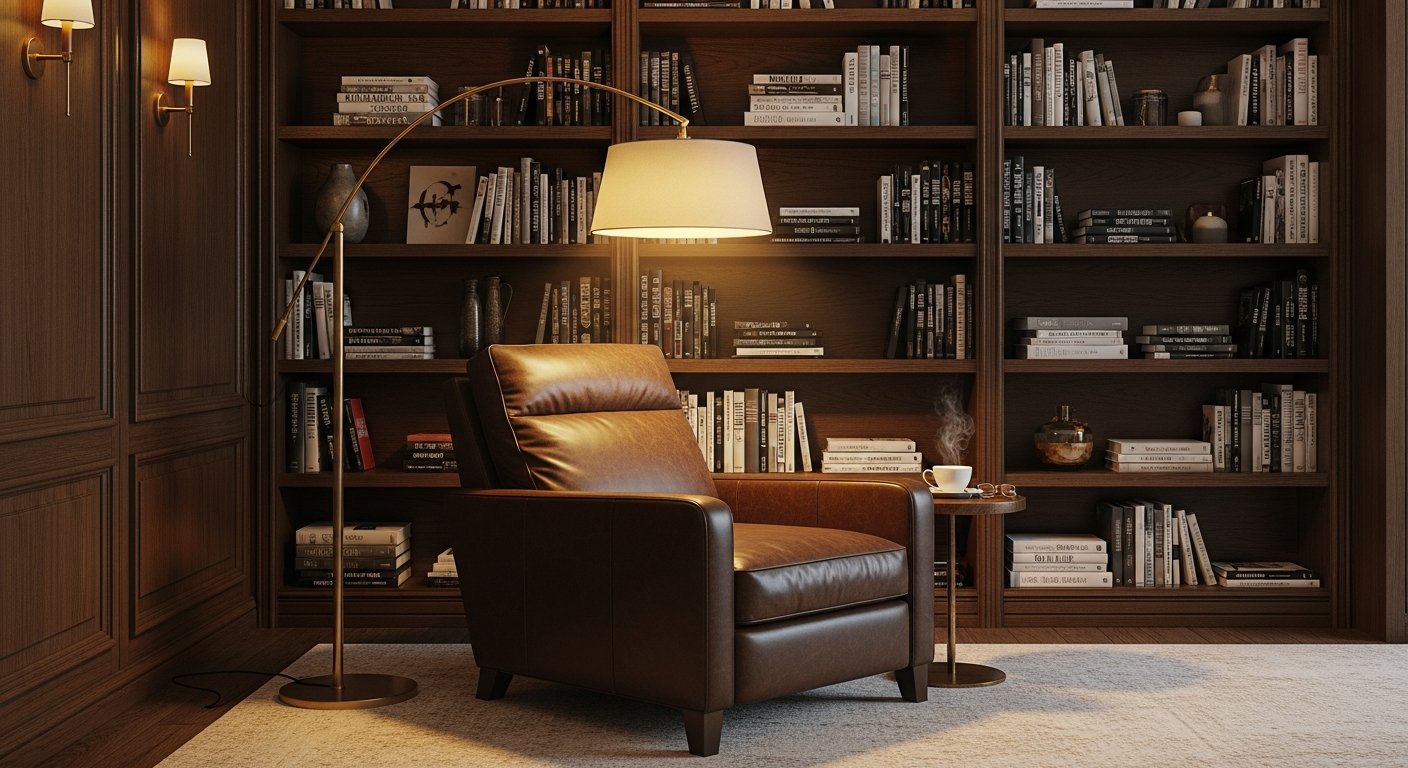 Cantinho de leitura com poltrona decorativa e iluminação aconchegante