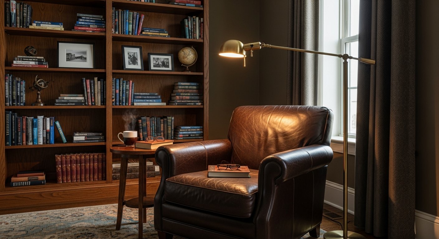 Ambiente masculino completo com poltrona e acessórios