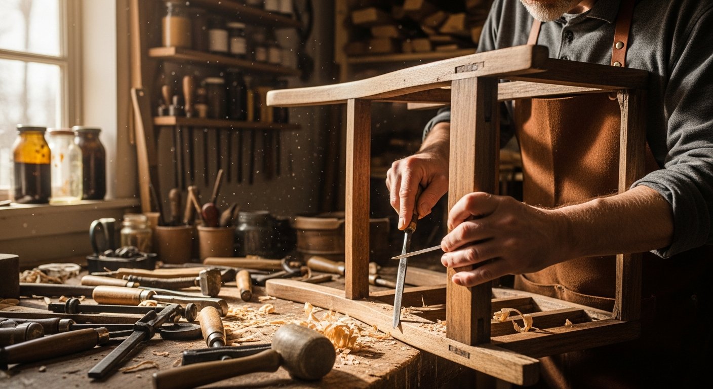 Artesão trabalhando na restauração de poltrona premium