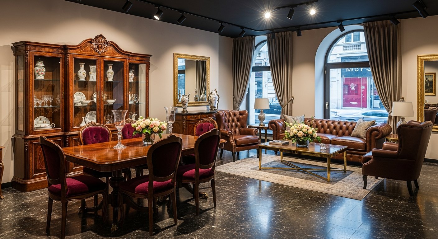 Coleção de móveis clássicos em ambiente elegante