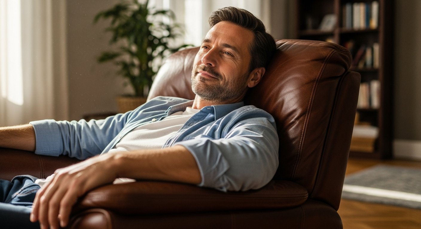 Homem relaxando confortavelmente em poltrona premium